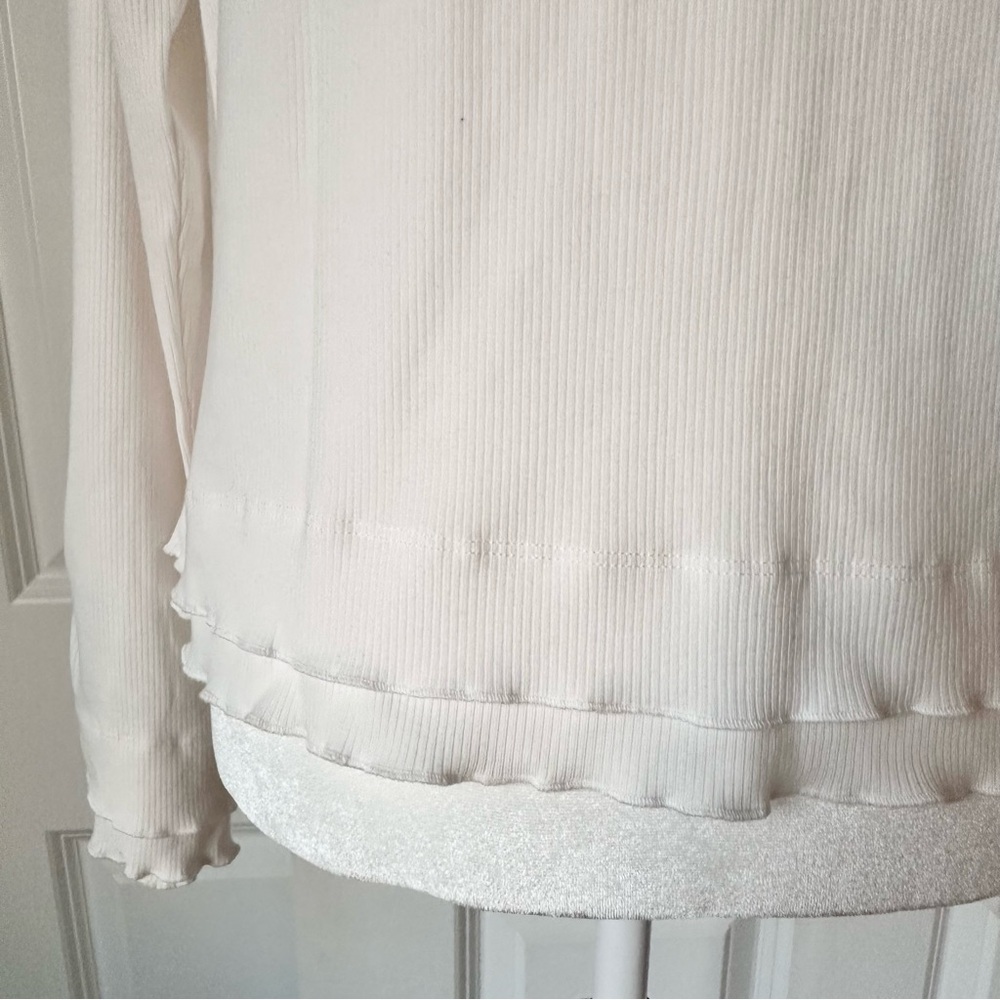 New Badgley Mischka White Cardigan Top Black Trim Bow Ribbon Cuffs Chic Ribbed - Picture 6 of 15